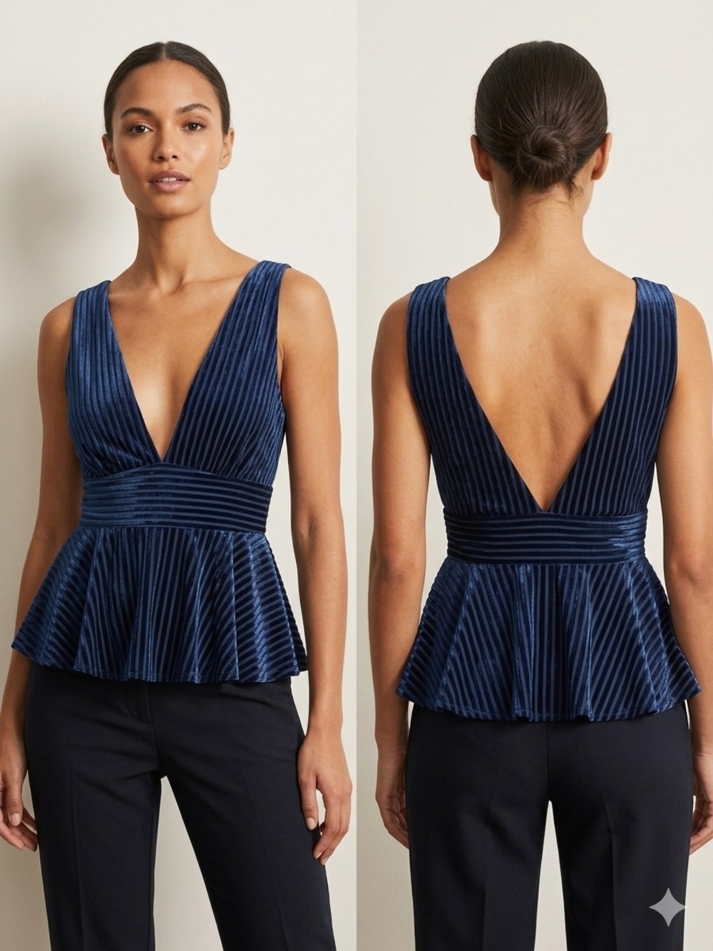 Velvet Plunging V-Neck Peplum Top - Navy